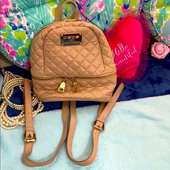 bebe quilted tan with gold hardware mini backpack - Picture 1 of 16